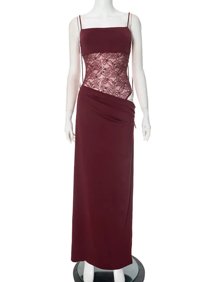 Elegant Maxi Dress with Lace and Tie Straps - Indigo