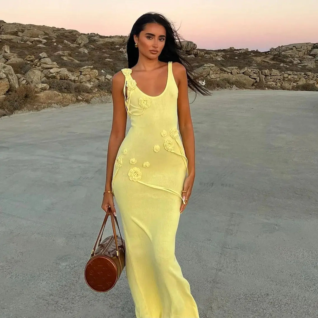 Knitted Beach Maxi Dress with Flower Appliqué Detail - Holly