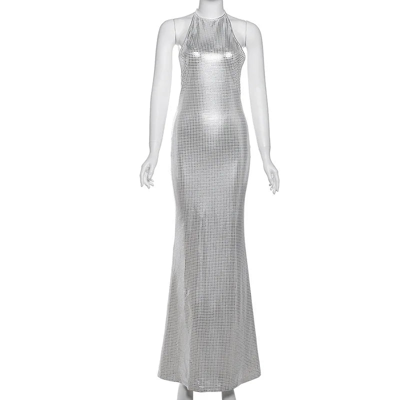 Maxi Dress with Collar, Open Back, and Sparkling Square Design - Casey