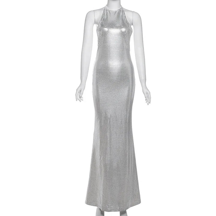 Maxi Dress with Collar, Open Back, and Sparkling Square Design - Casey