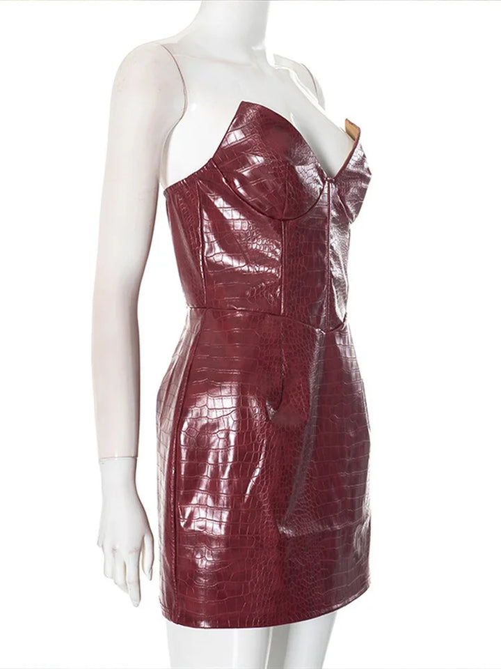 Strapless Faux Leather Mini Dress with Corset Design - Kailani