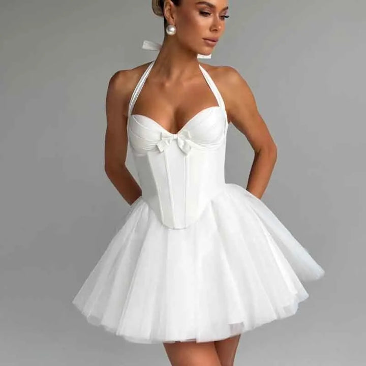 Ballerina mini dress in A-line cut with corset and tulle open back design - Mimi