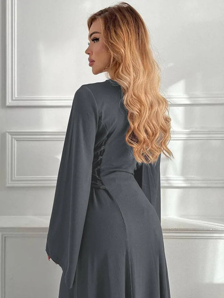 Modest knitted A-line maxi dress with waist ties - Liri