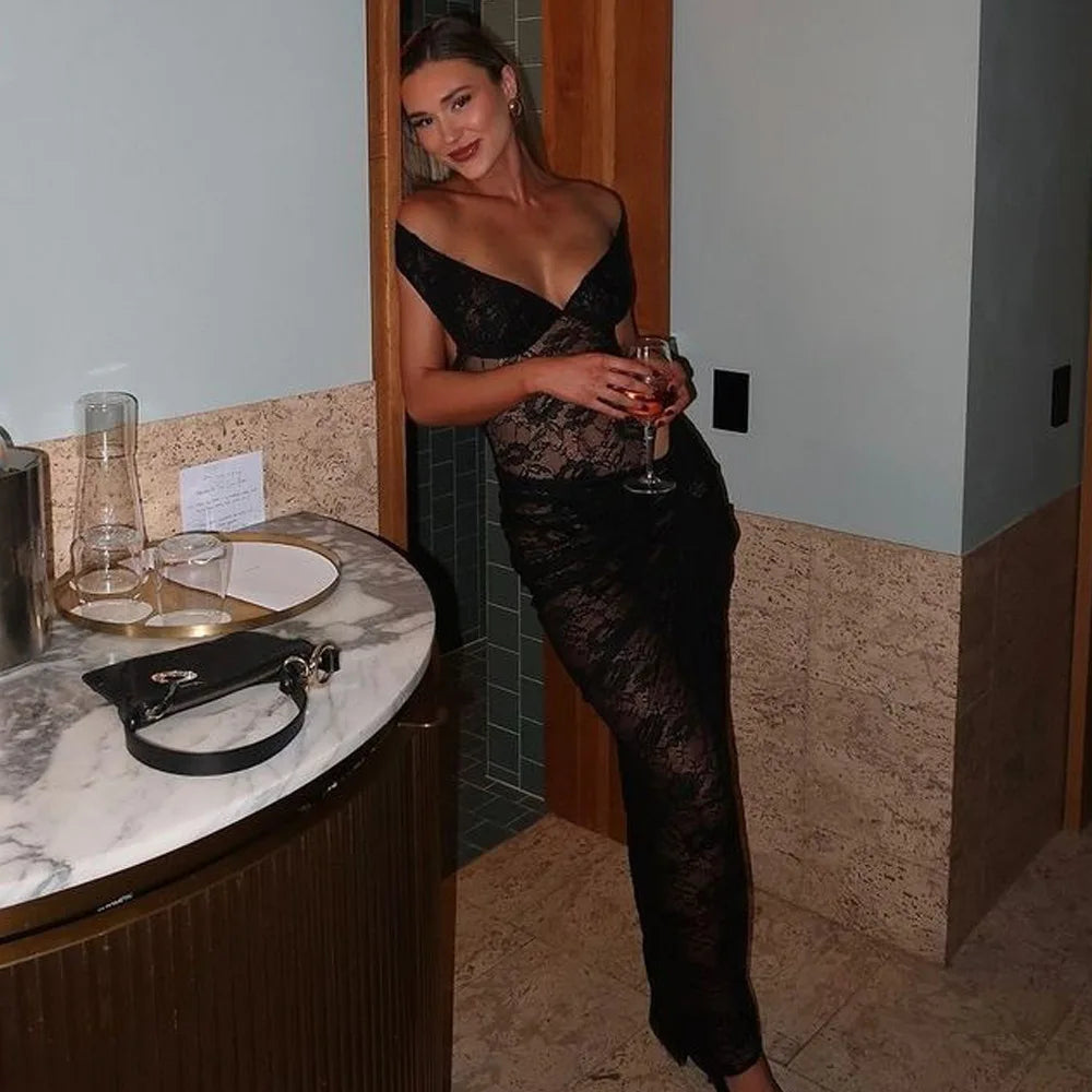 Maxi Lace Dress with Off-Shoulder and Slit Design - Emiliana