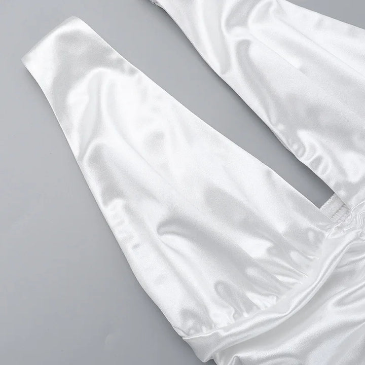 Satin mini dress with ruching and tie design on the straps - Celia