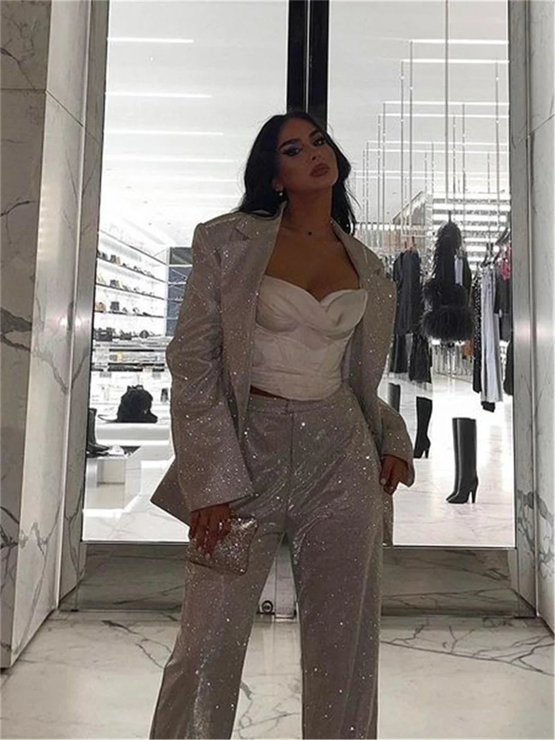 Three-Piece Sequin Suit with Bra, Blazer, and Long High-Waisted Pants - Pasha