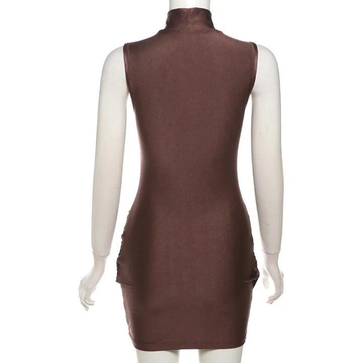 Mini Dress with Turtleneck, Shiny Fabric, Cross Ruching Design - OR