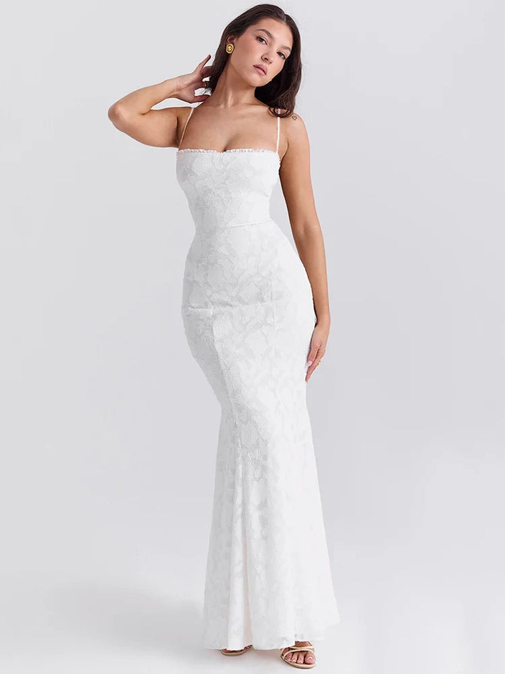 Chiffon Maxi Dress with Leaf Embroidery and Back Tie Design - BLANCA