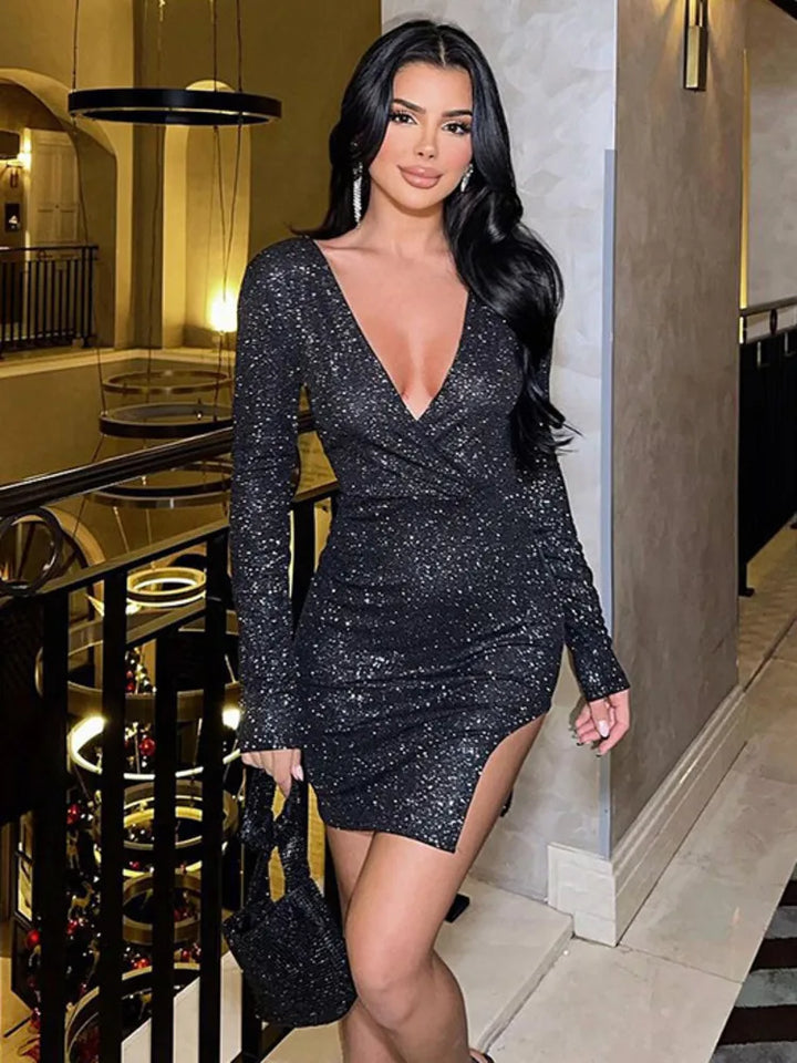 Glitter mini dress with slit design - JASMIN