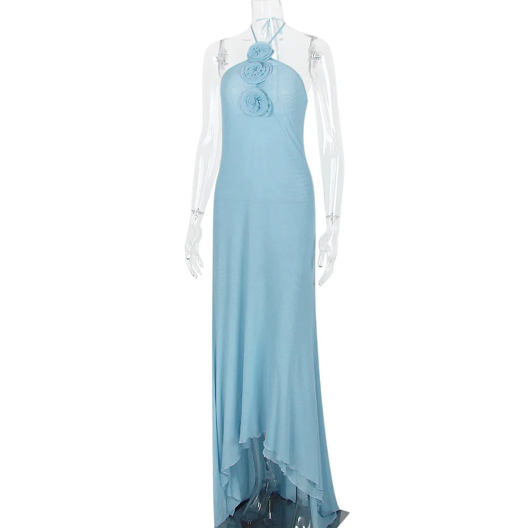 Chiffon Mesh Maxi Dress with Collar and Floral Detail - Florencia