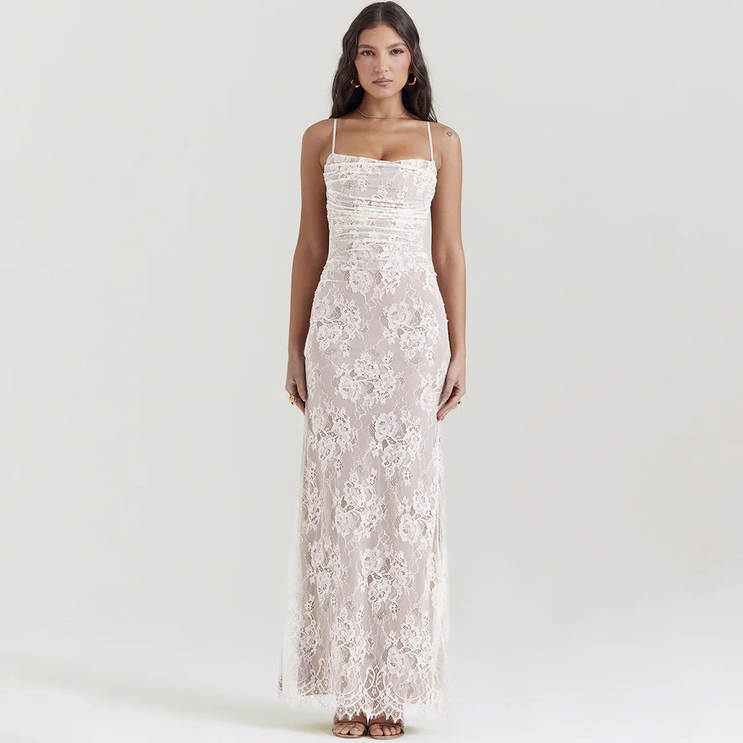 Elegant Maxi Lace Dress with Lace Sleeve Overlay - Ilia