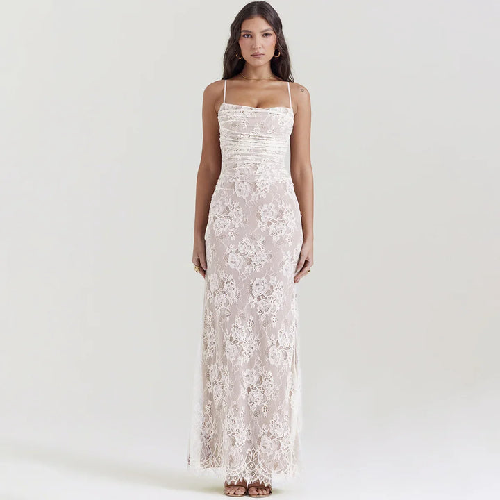 Elegant Maxi Lace Dress with Lace Sleeve Overlay - Ilia