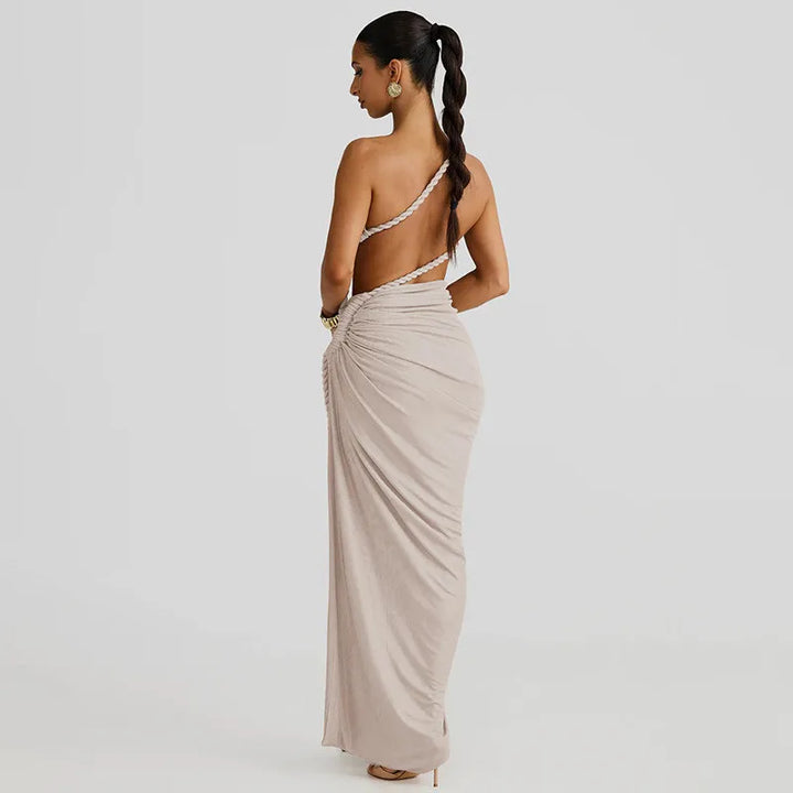 Maxi One-Shoulder Dress with Cutout and Slit, Braided Detail - Panama