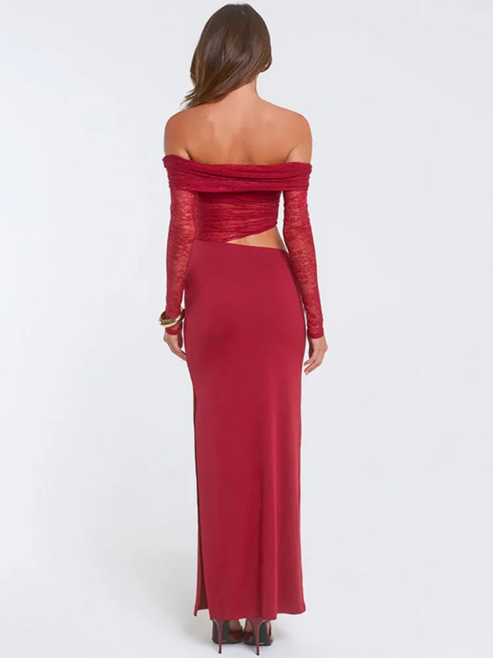 Maxi off-shoulder dress with lace and neckline design - LOLA