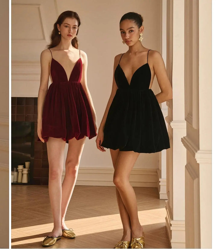 Velvet Mini Balloon Dress with Open Back - Myla