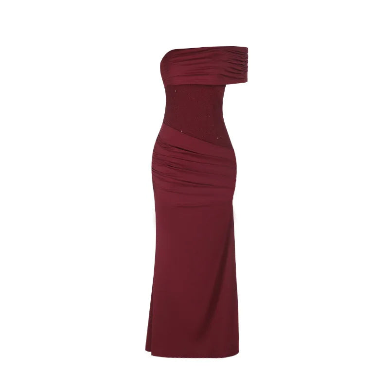 One-Shoulder Maxi Dress with Pleats and Sequins - Ara