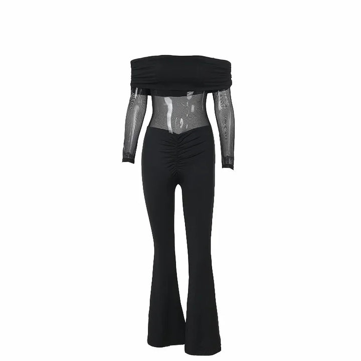 Shaping fabric jumpsuit with mesh design and off-shoulder pedal pants - Maya Lee