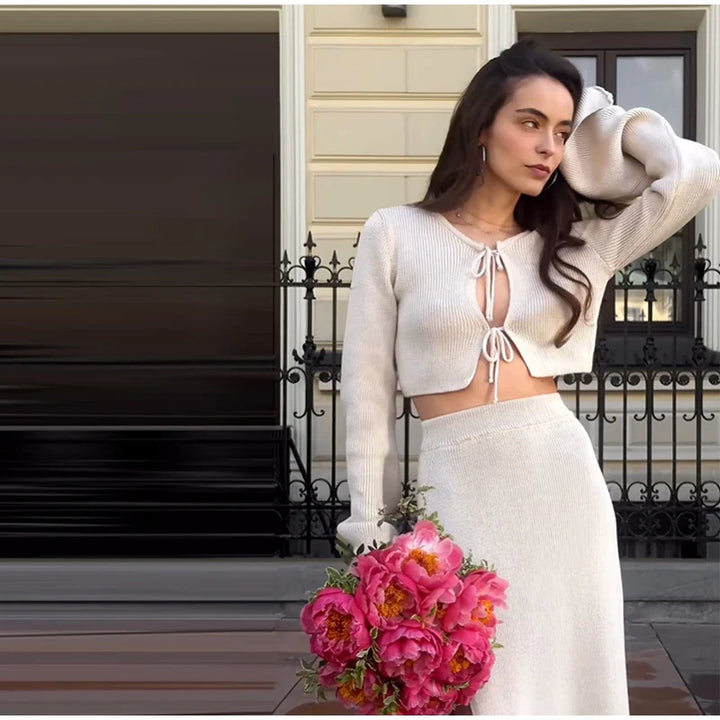 Two-piece knitted set with maxi skirt and tie-up top - Yamit