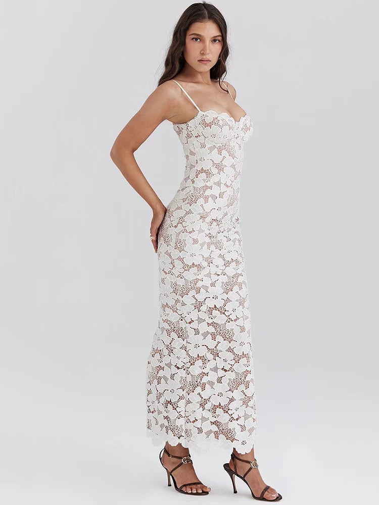 Lace Maxi Dress with Floral Embroidery and Back Ties - Veronica