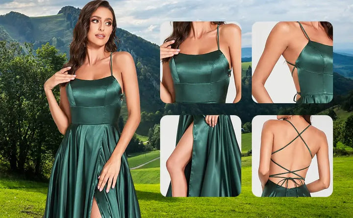 Elegant Maxi Satin Dress with Slit, A-Line Design, Back Tie - Prince