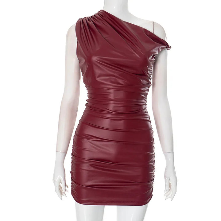 Mini faux leather dress with pleats and off-shoulder design - Meri