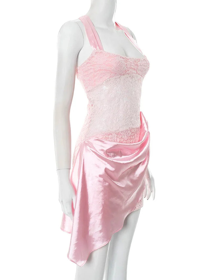 Satin mini dress with lace trim - Yovelia