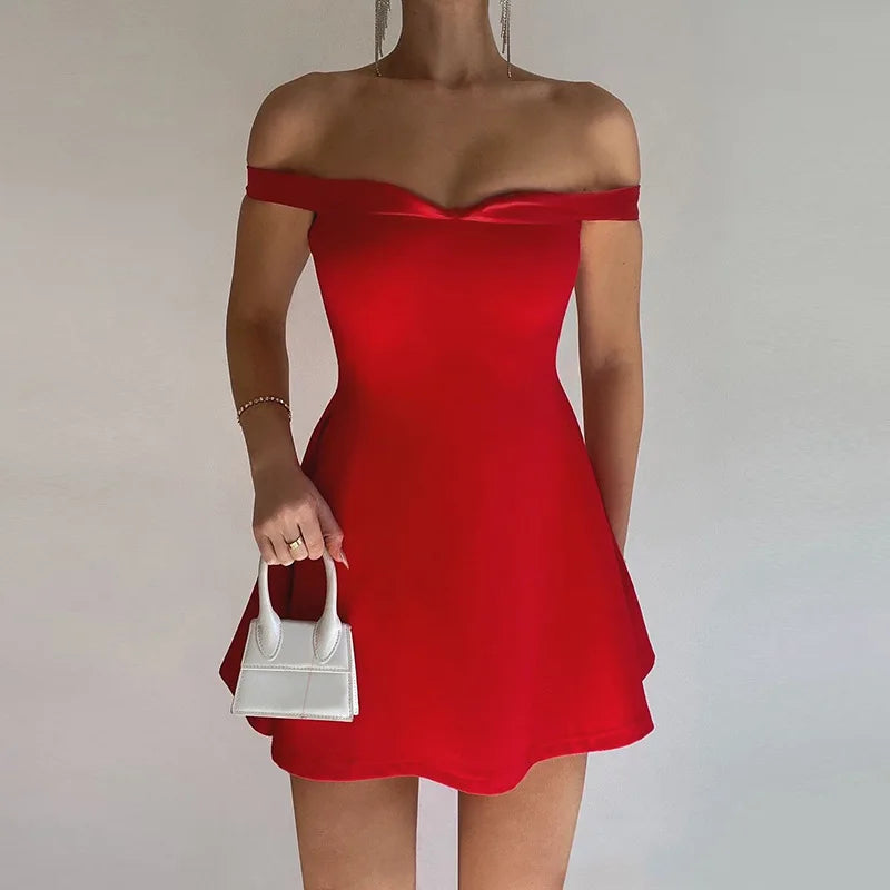 A-Line Mini Dress with Off-Shoulder Satin Straps - Natalia