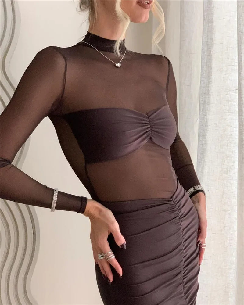 Fitted midi dress with ruching and mesh design - Miren