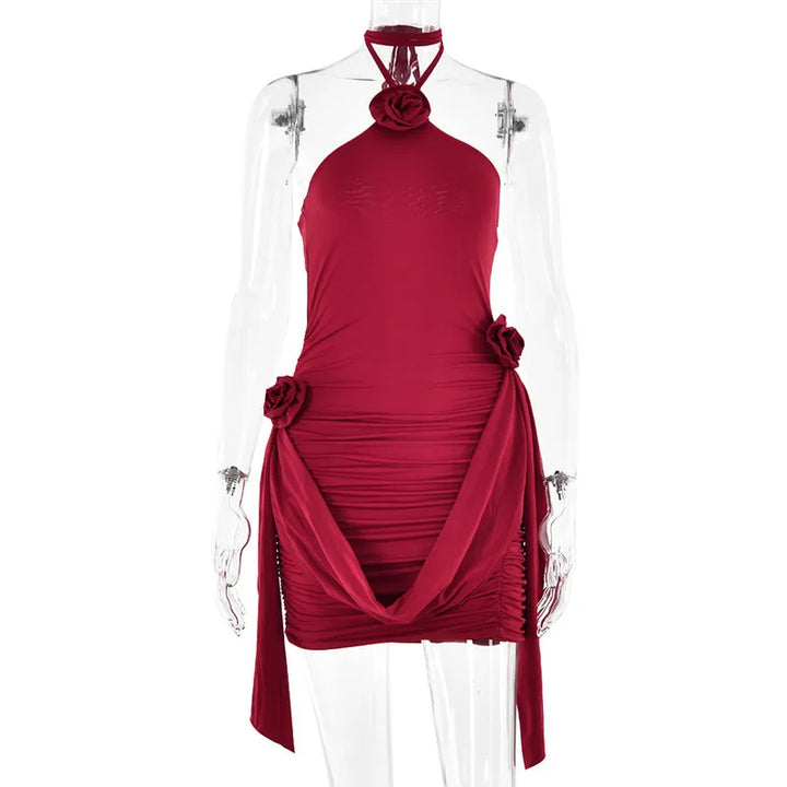 Ruched mini dress with neck tie and floral appliqué - Jasmina