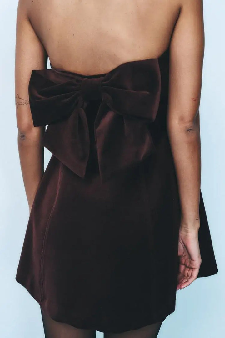 Mini strapless velvet dress with bow decoration on the back - Bailey