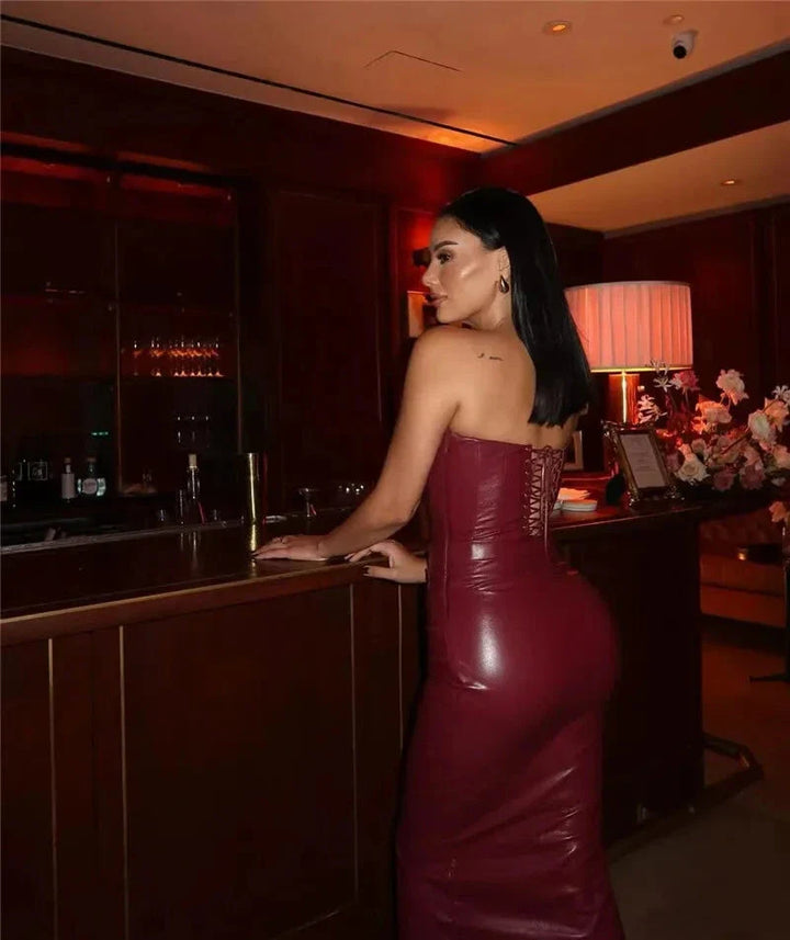 Strapless faux leather maxi dress with ruching and slit design - Marian