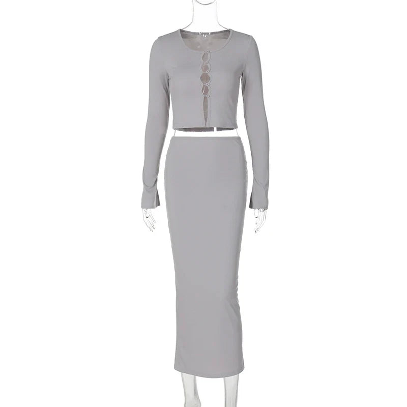 Knitted two-piece set: button-up shirt and fitted maxi skirt - MARIEL