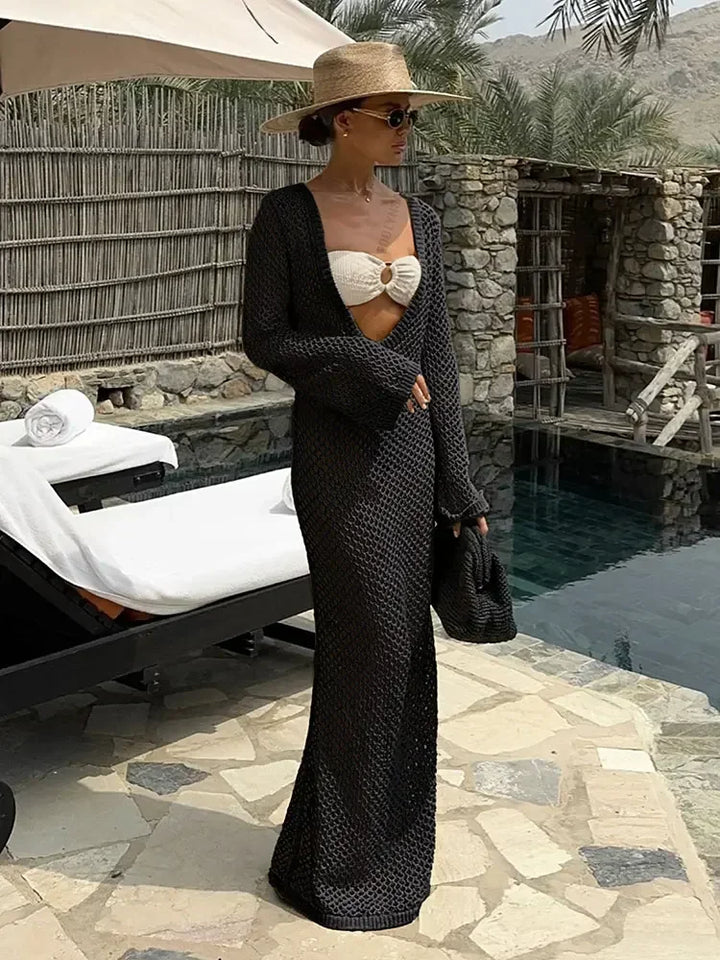 Mesh Maxi Beach Dress with Open Chest/Back - Amber