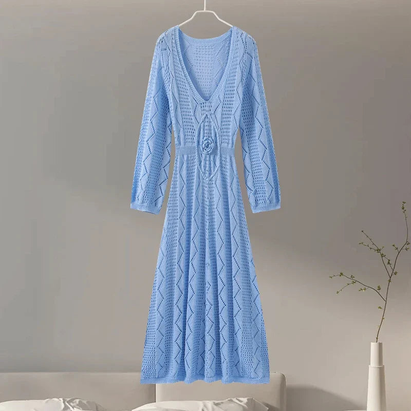 Knitted Maxi Beach Dress with Flower Decoration - Beatrice