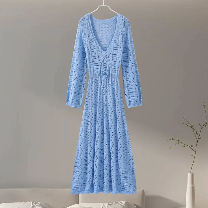 Knitted Maxi Beach Dress with Flower Decoration - Beatrice