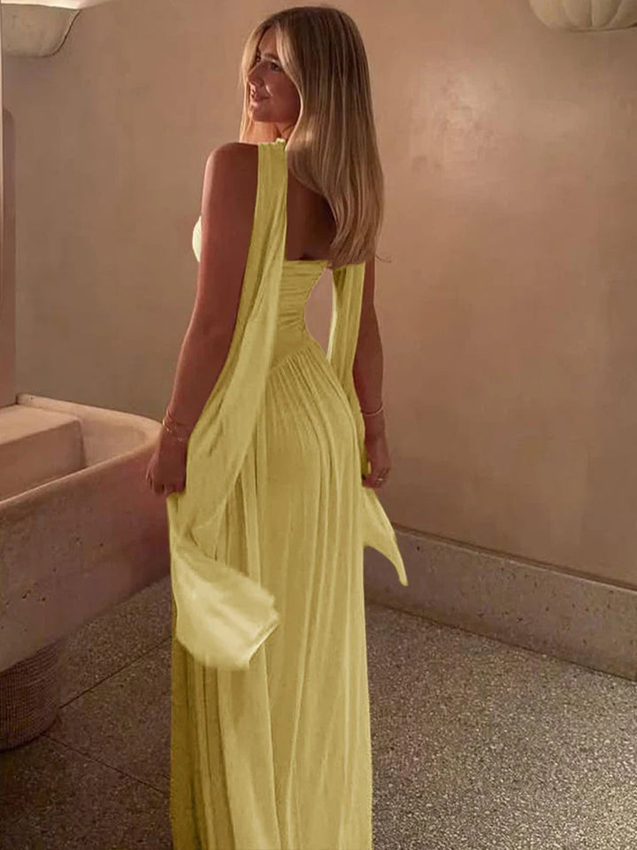 Strapless chiffon maxi dress with ruching and matching scarf decoration - Mia
