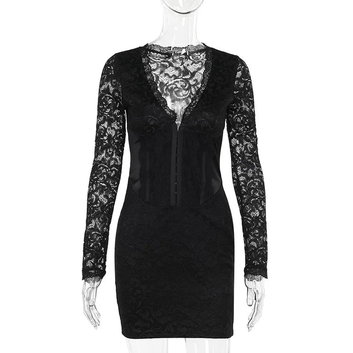 Fitted Lace Mini Dress with Satin Detail and Pin Closure - Olive
