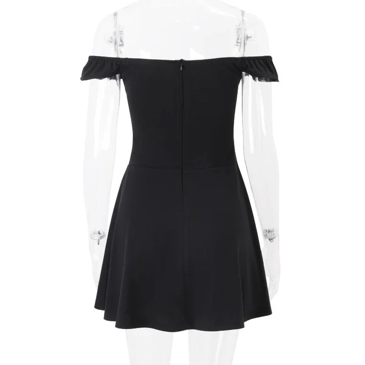 Mini A-line dress with off-shoulder V-neck - AMOR