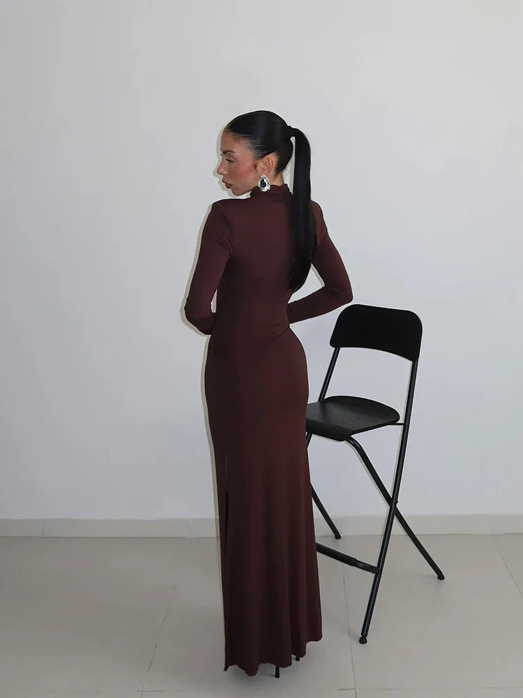 Elegant Maxi Dress with Slit Decoration and Turtleneck Collar - Eliana