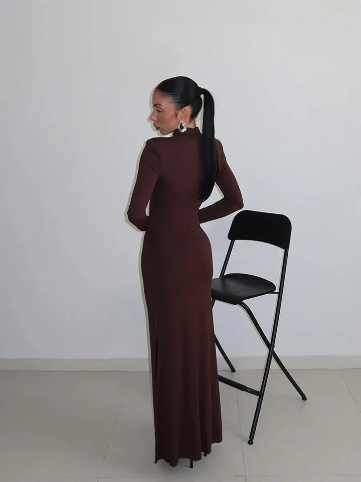 Elegant Maxi Dress with Slit Decoration and Turtleneck Collar - Eliana
