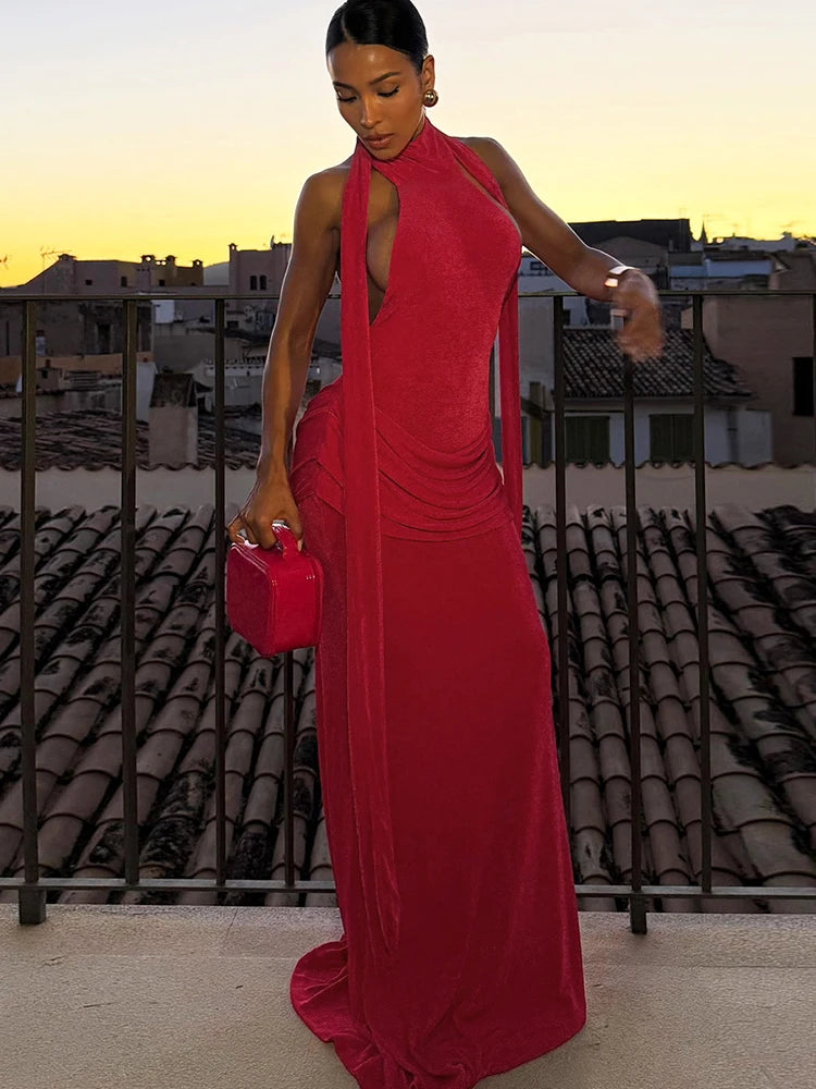 Velvet Collar Maxi Dress with Open Back and Pleats - Ciara