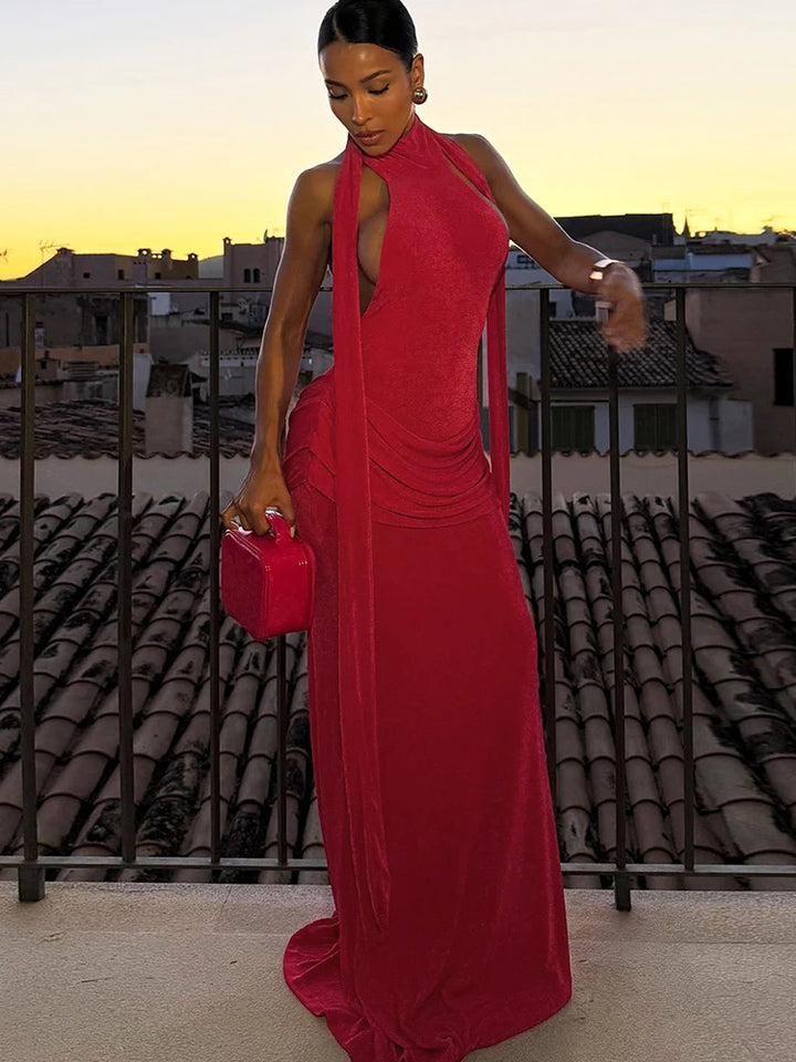 Velvet Collar Maxi Dress with Open Back and Pleats - Ciara