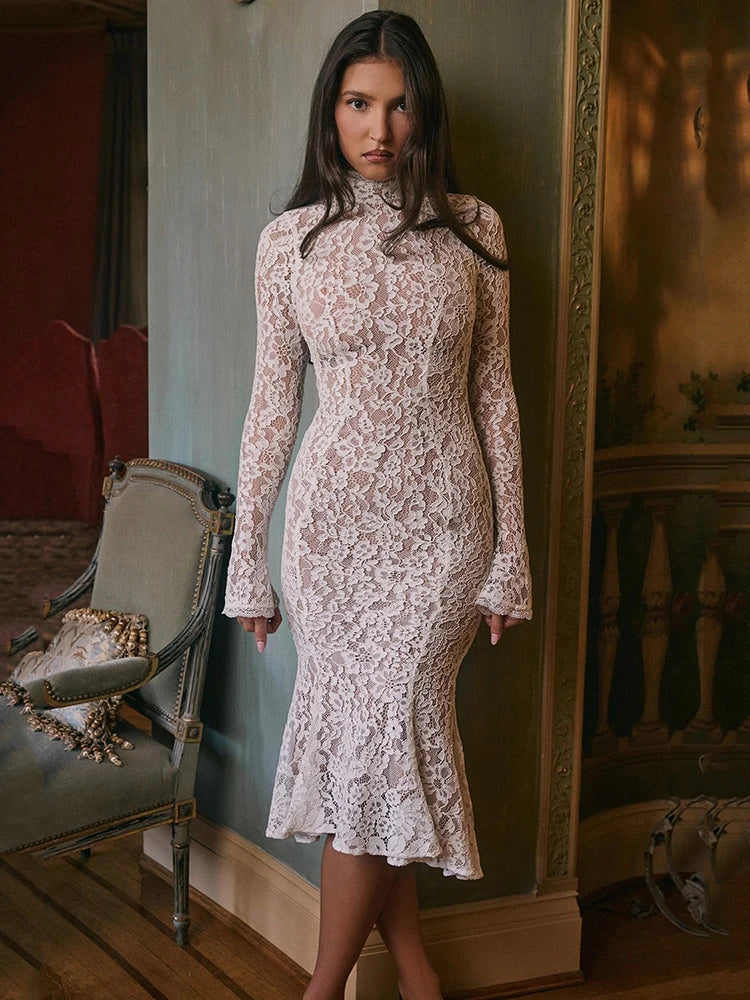 Midi lace dress with half turtleneck - Avia