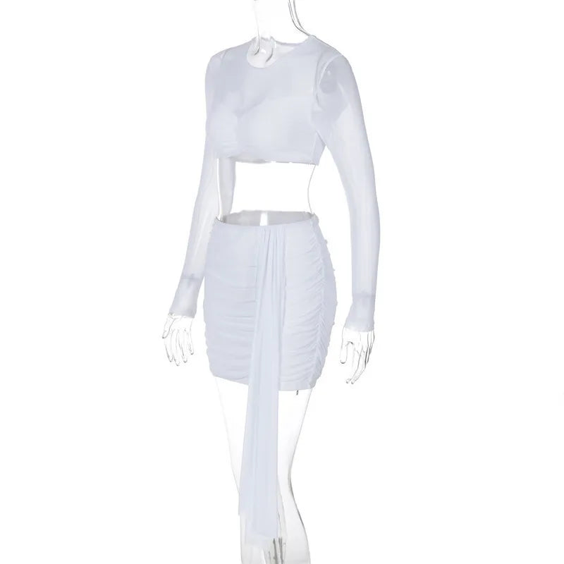 Two-piece set mini ruched skirt with train and mesh top with ruching design - Britney