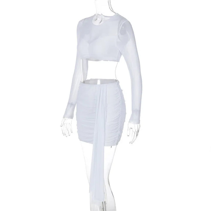 Two-piece set mini ruched skirt with train and mesh top with ruching design - Britney