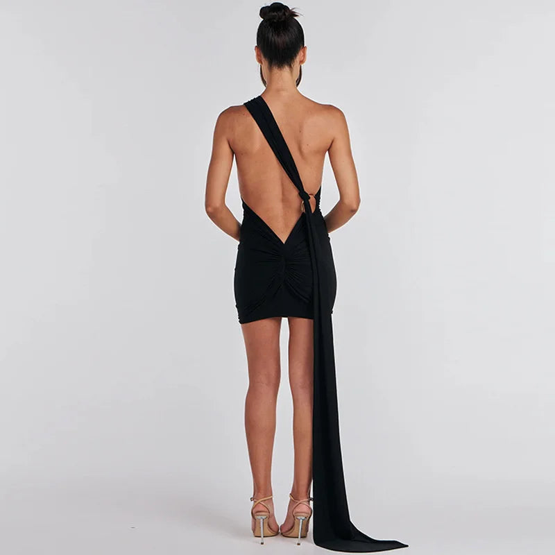 Mini dress with ruching, open back, and hoop decoration - CAROLINA