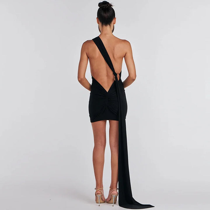 Mini dress with ruching, open back, and hoop decoration - CAROLINA