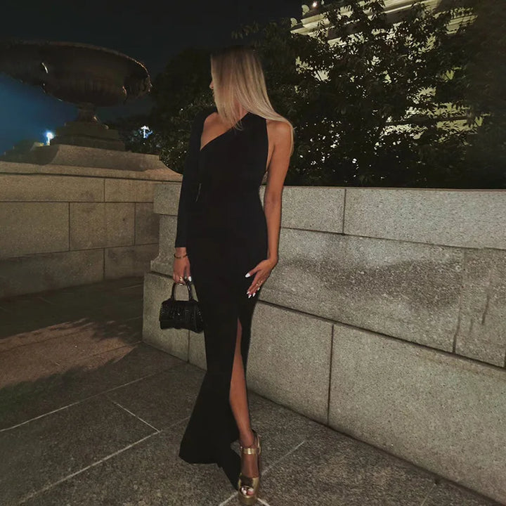 Asymmetric maxi evening dress with deep slit and one sleeve - Eva