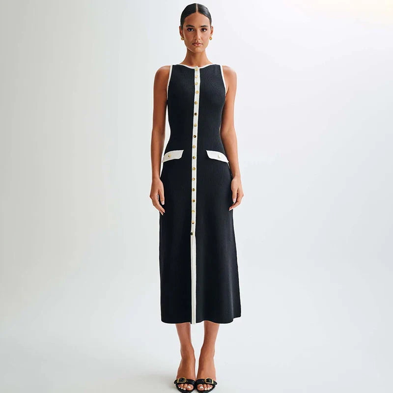 Elegant Knitted Midi Dress with Button Decoration and Small Slit - Penelope
