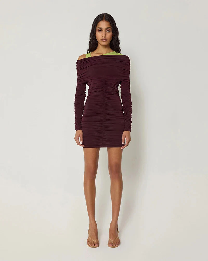 Mini dress with ruching and one off-shoulder sleeve - Sapir